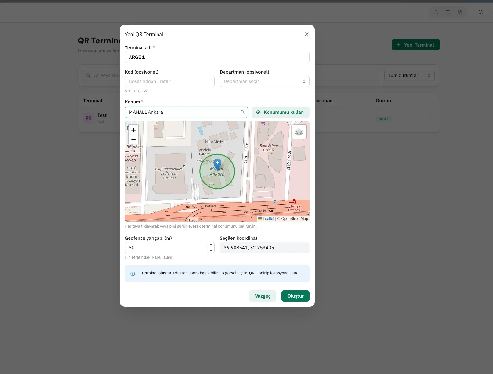 Güvercin İK QR terminal tanımlama ekranı — harita üzerinde seçilen konum, 50 metrelik geofence yarıçapı ve koordinat bilgisi