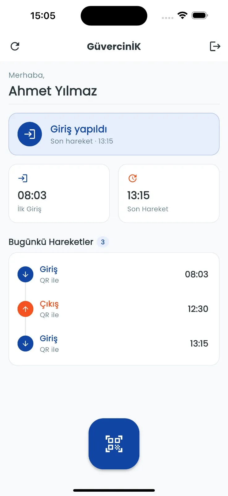 Güvercin İK mobil uygulaması — çalışanın QR ile yaptığı giriş-çıkış hareketleri ve günlük özeti